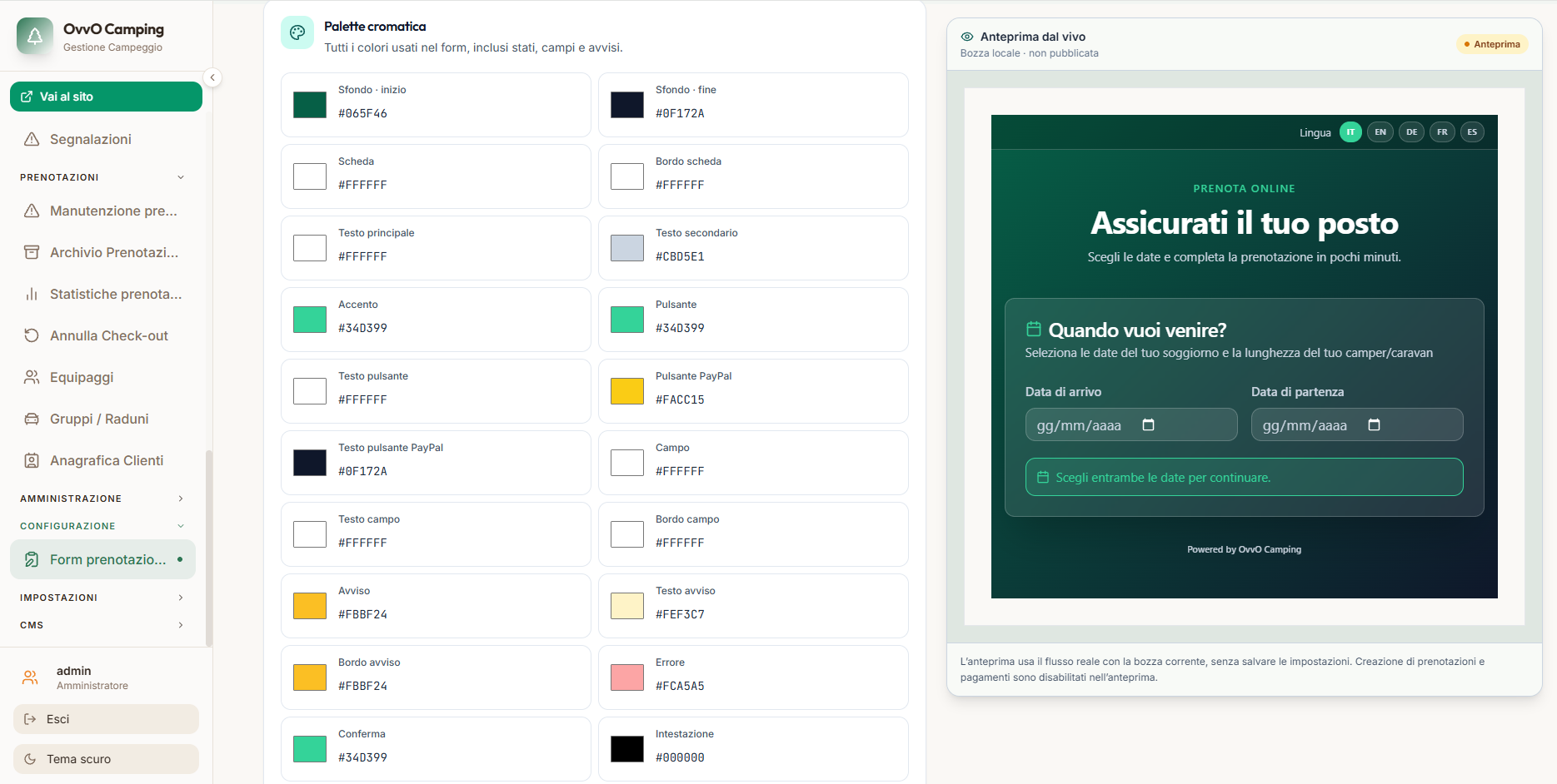 Booking form appearance settings with a color palette and live preview.