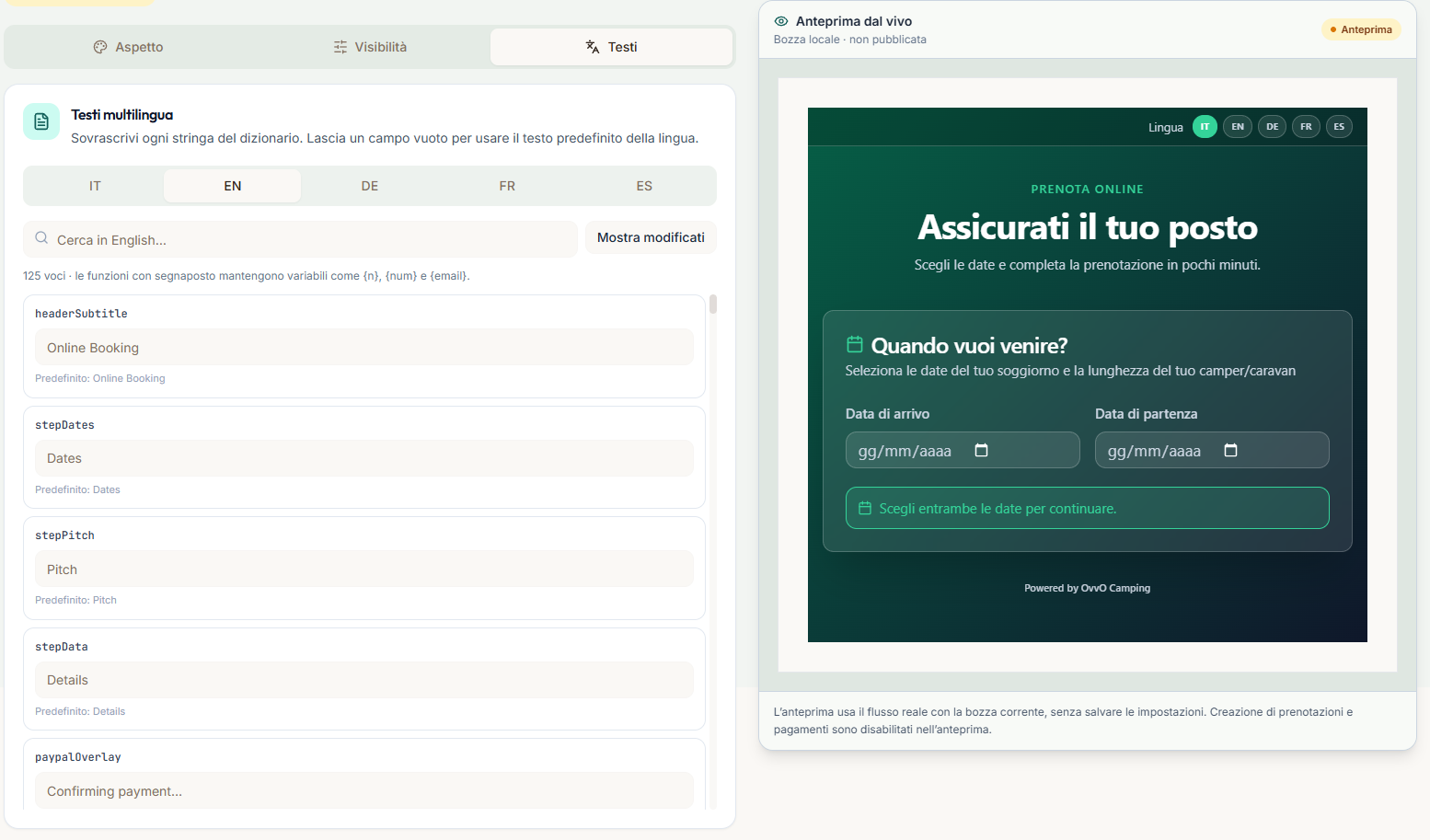 Multilingual booking-form text editor beside the form preview.