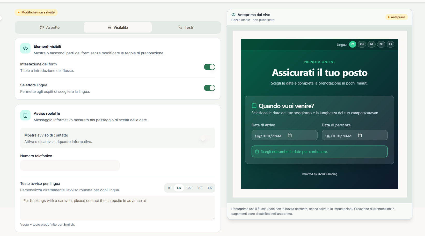 Visibility settings for the header, language selector and caravan notice; the sample contact value is hidden.