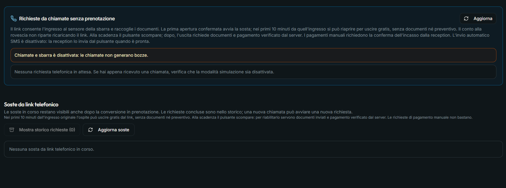 Management panel for phone requests without a reservation and stays started through a phone link.